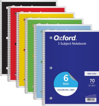 Oxford Spiral Notebook, 6 Pack, 1 Subject, Wide Ruled Paper, Notebooks for School, 8 x 10.5 Inches, 70 Sheets, Assorted Colors, Back to School Supplies (65010)