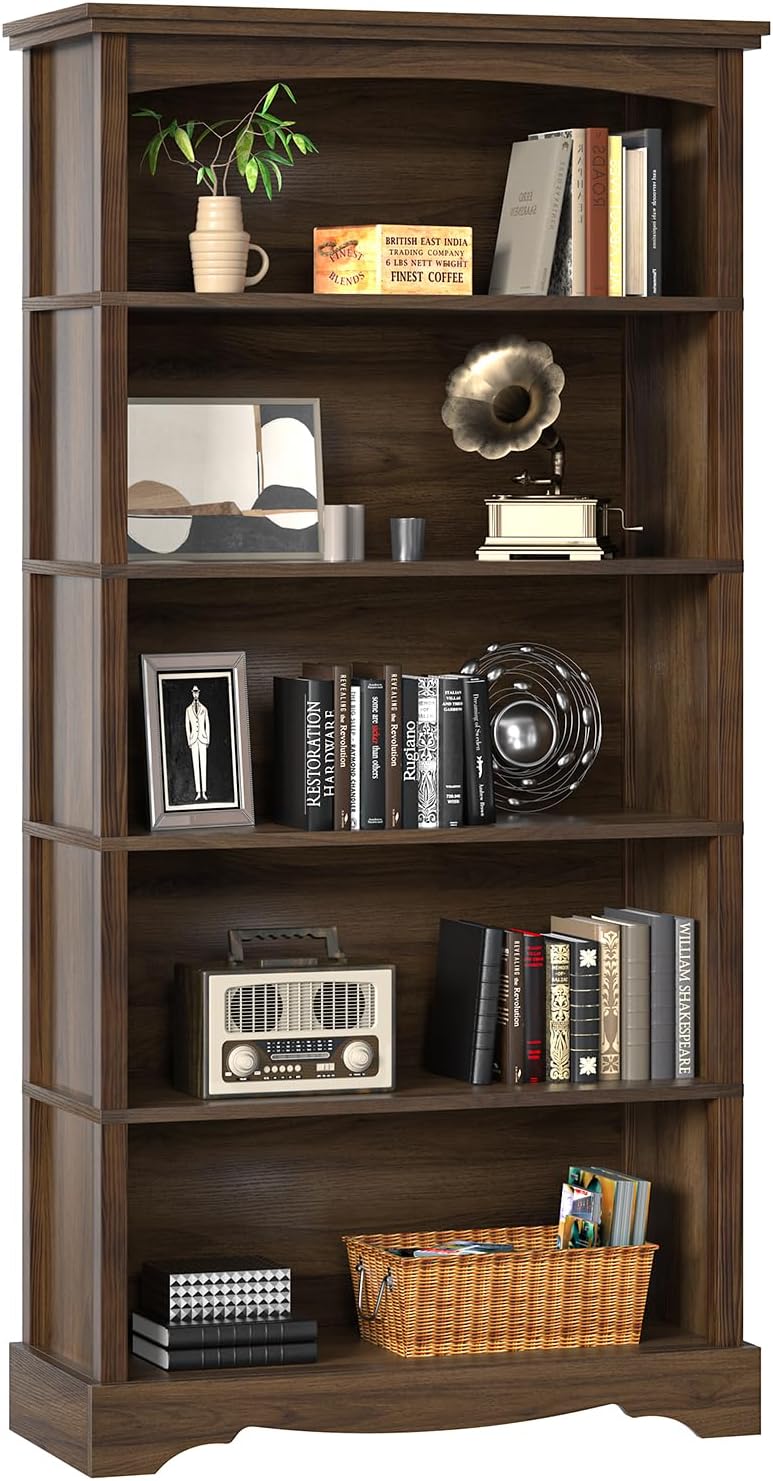 TVU 5-Tier Wooden Bookshelf, 31.5" W x 65" H ×9.9" D Bookshelf with Storage, Floor Standing Modern Style Display Bookcase for Living Room, Office, Study Room, Entryway, Brown
