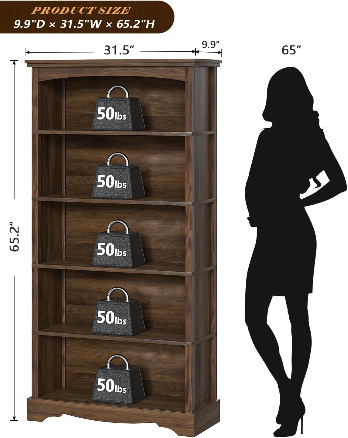 TVU 5-Tier Wooden Bookshelf, 31.5" W x 65" H ×9.9" D Bookshelf with Storage, Floor Standing Modern Style Display Bookcase for Living Room, Office, Study Room, Entryway, Brown - Image 3
