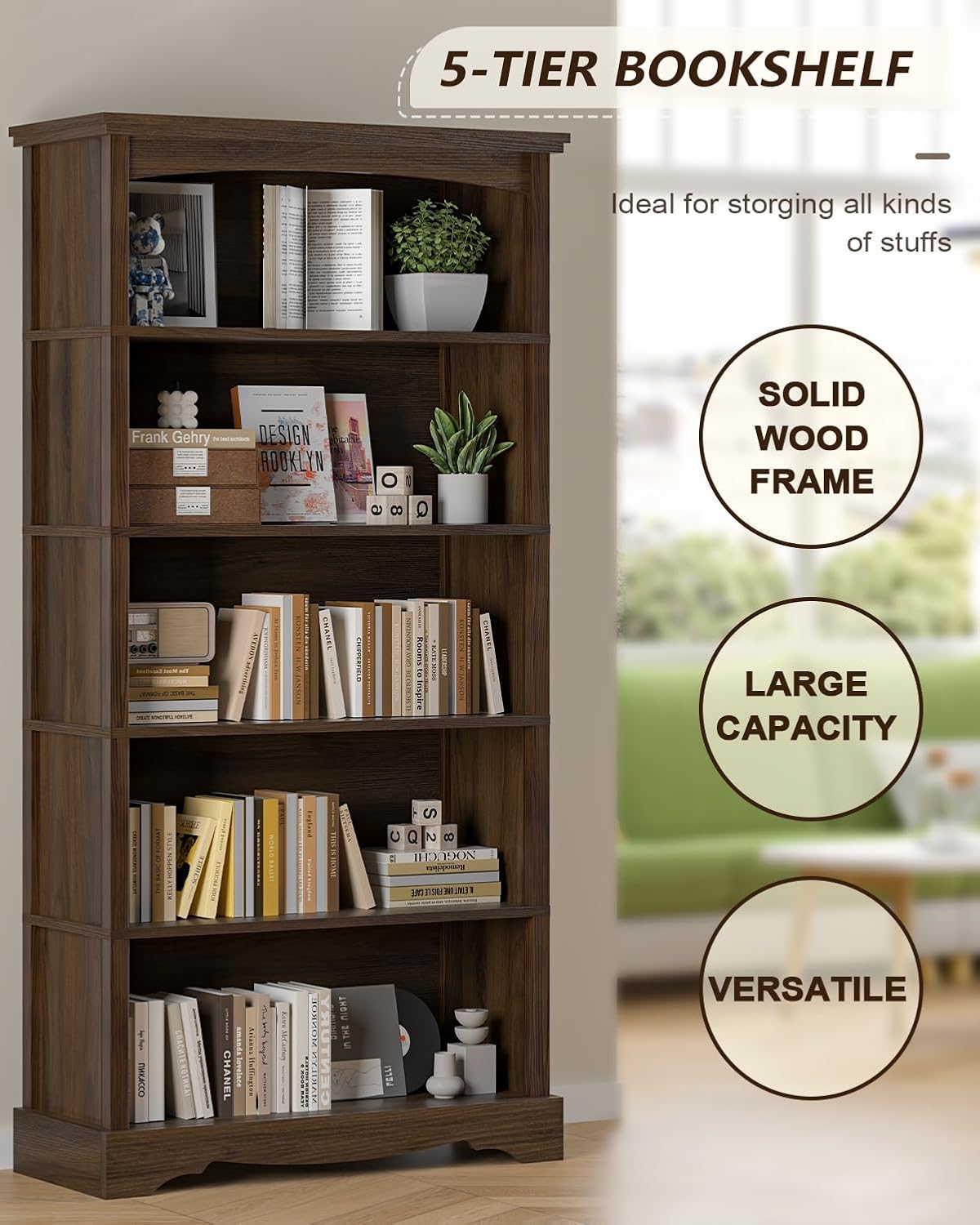 TVU 5-Tier Wooden Bookshelf, 31.5" W x 65" H ×9.9" D Bookshelf with Storage, Floor Standing Modern Style Display Bookcase for Living Room, Office, Study Room, Entryway, Brown - Image 4