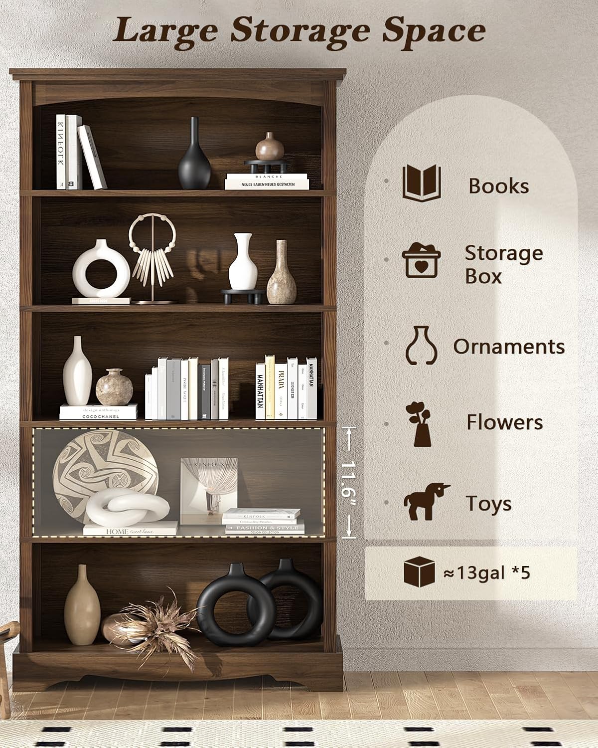 TVU 5-Tier Wooden Bookshelf, 31.5" W x 65" H ×9.9" D Bookshelf with Storage, Floor Standing Modern Style Display Bookcase for Living Room, Office, Study Room, Entryway, Brown - Image 5