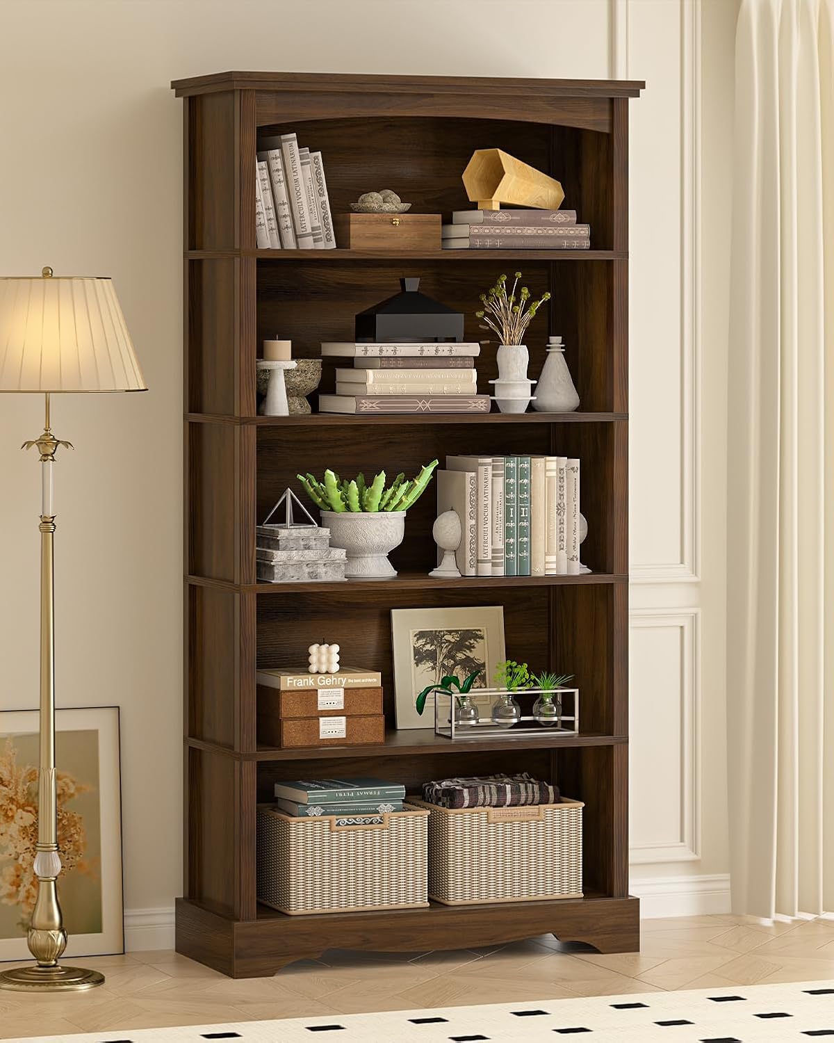 TVU 5-Tier Wooden Bookshelf, 31.5" W x 65" H ×9.9" D Bookshelf with Storage, Floor Standing Modern Style Display Bookcase for Living Room, Office, Study Room, Entryway, Brown - Image 6