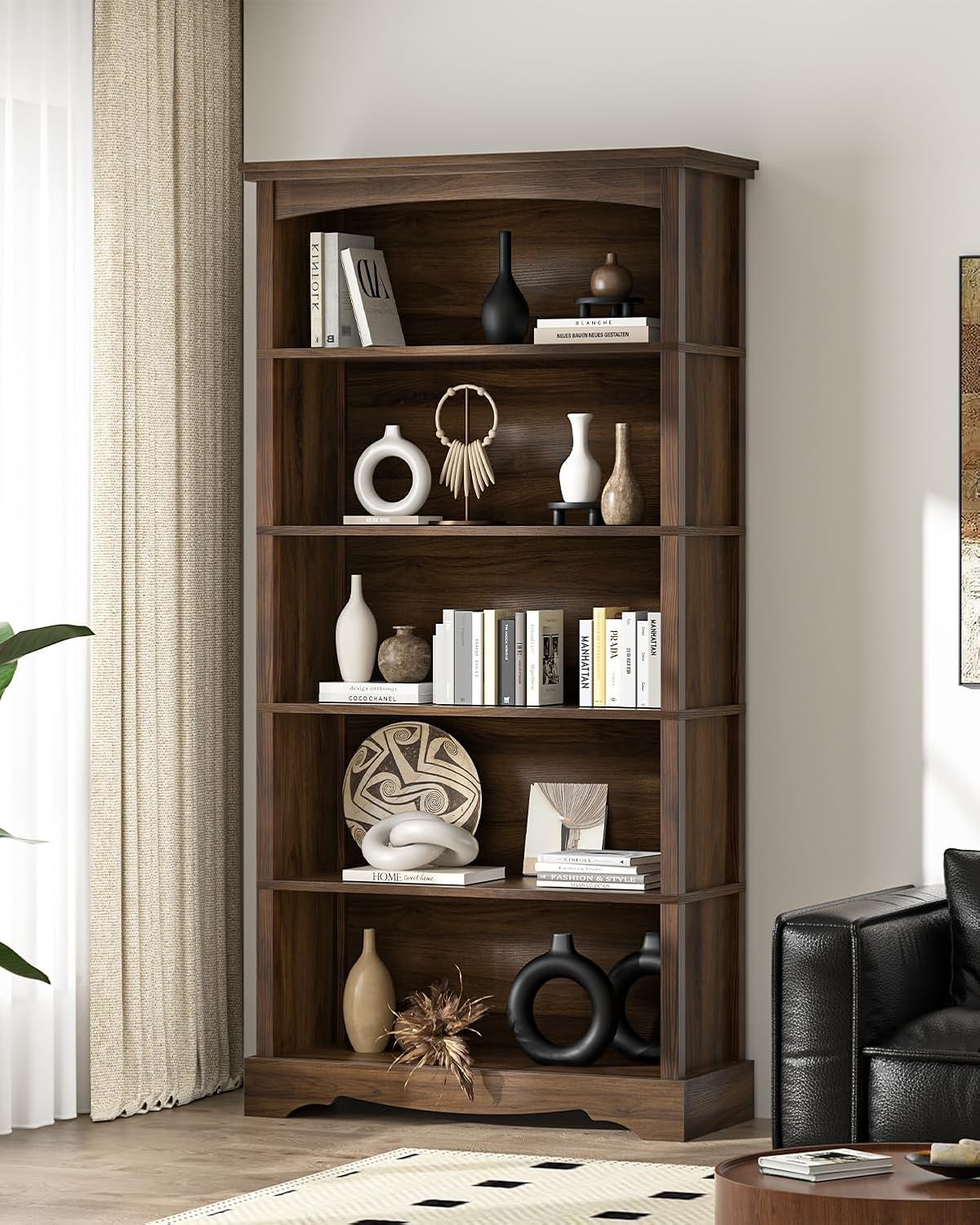 TVU 5-Tier Wooden Bookshelf, 31.5" W x 65" H ×9.9" D Bookshelf with Storage, Floor Standing Modern Style Display Bookcase for Living Room, Office, Study Room, Entryway, Brown - Image 7