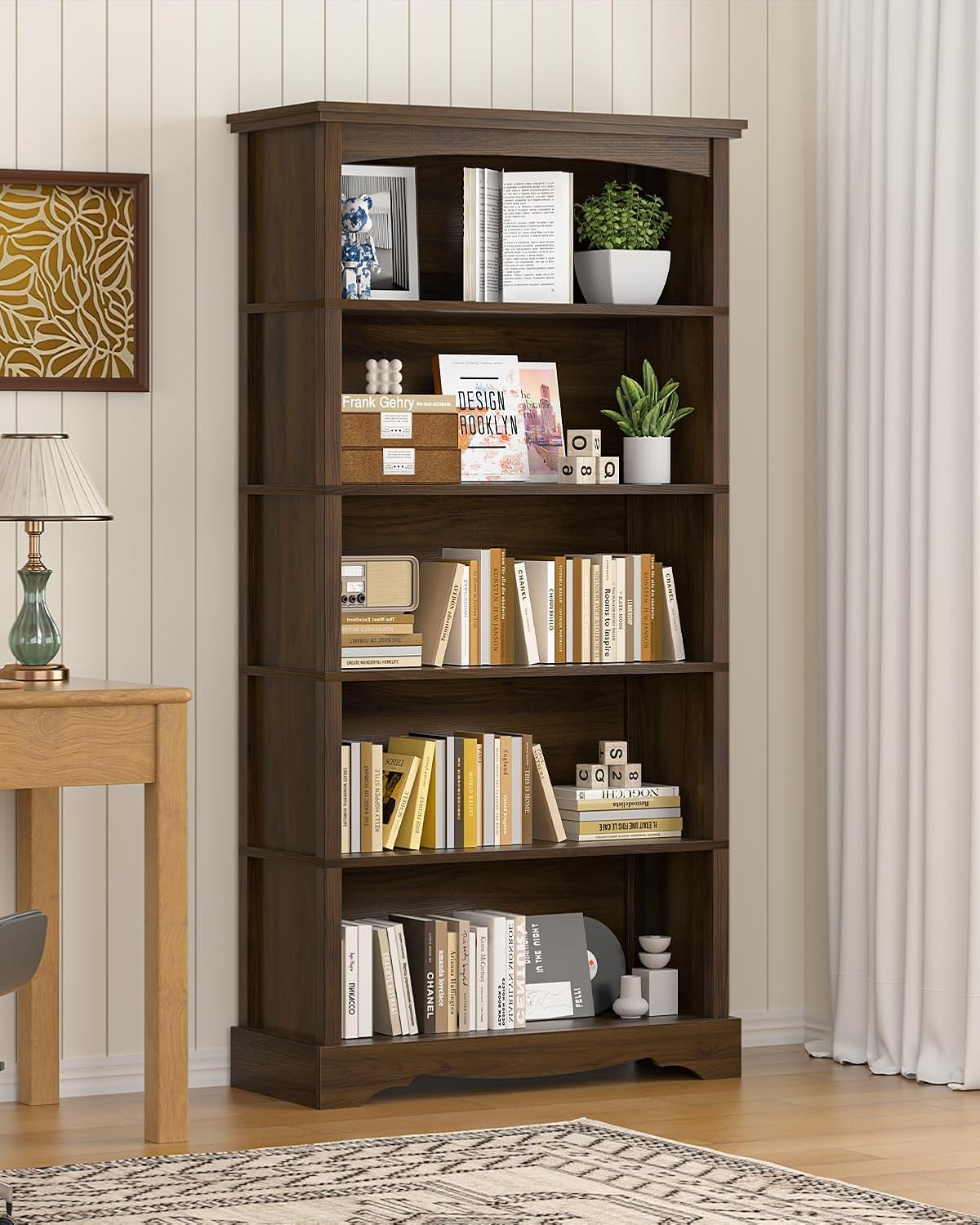 TVU 5-Tier Wooden Bookshelf, 31.5" W x 65" H ×9.9" D Bookshelf with Storage, Floor Standing Modern Style Display Bookcase for Living Room, Office, Study Room, Entryway, Brown - Image 8