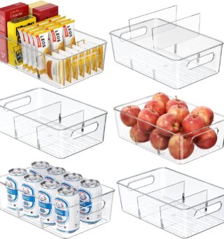 Mpotmiy 6 Pack Pantry Organizers and Storage,Clear Plastic Containers with 2 Dividers for Kitchen,Fridge Organization and Storage,Acrylic Bins for Pounches,Spice Packet,Snack organzier